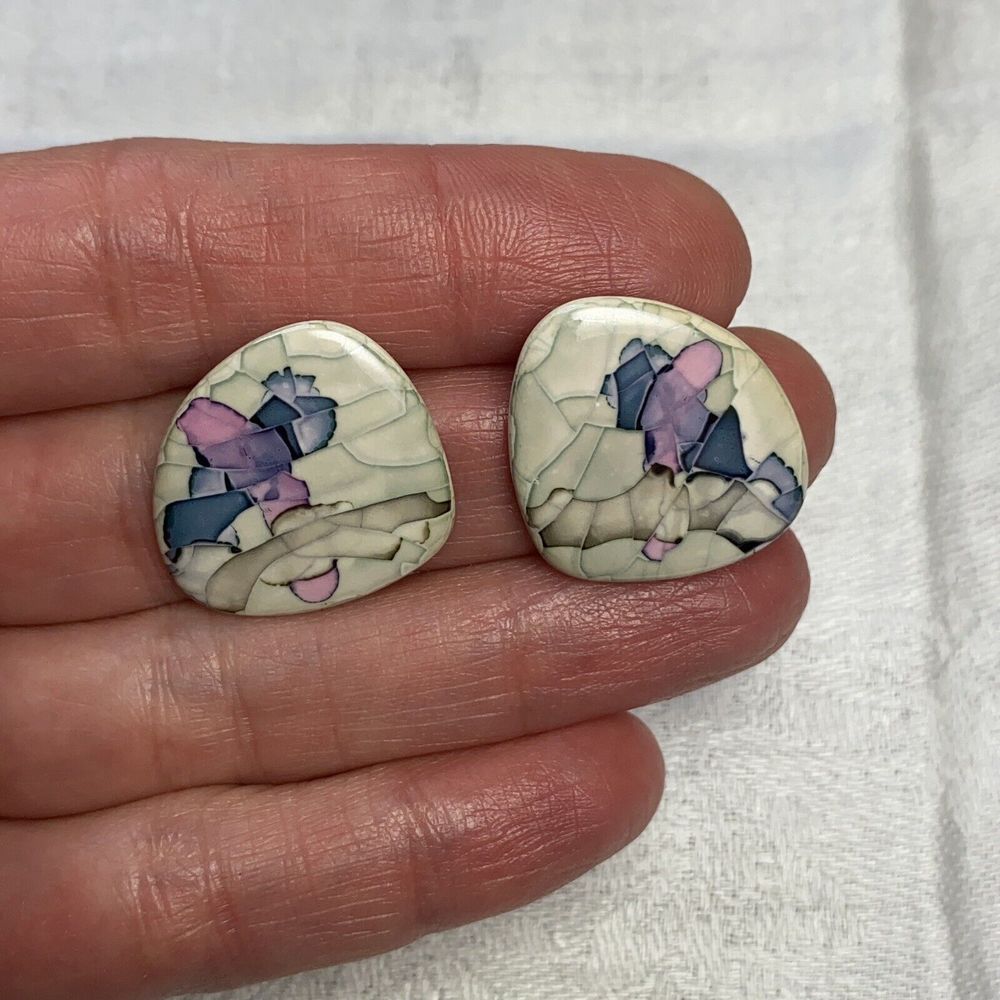 Vintage Ceramic Earrings Glazed Pink Cream Blue Pastel Glazed Triangular Pierced